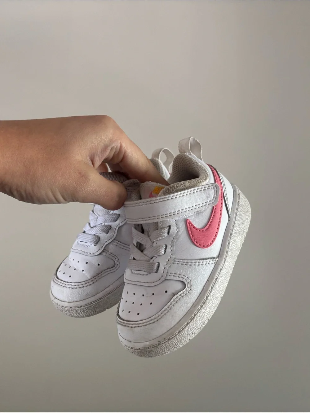 Nike Kids White Sneakers with Pink Swoosh Velcro